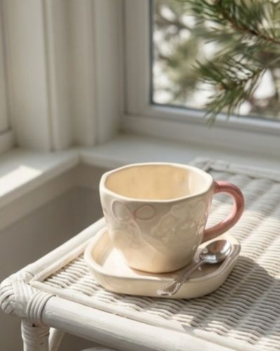Wavy Edge Pink Bow Ceramic Cup & Saucer (Set of 2) by Jasper & Pine Co.