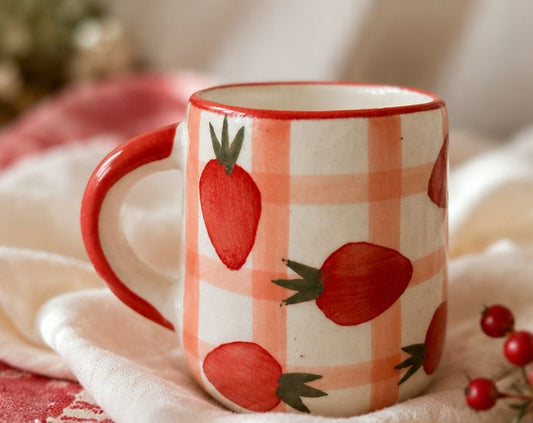 The Sweet Berry Gingham Mug by Jasper & Pine Co. – Handmade Ceramic Strawberry Coffee Cup