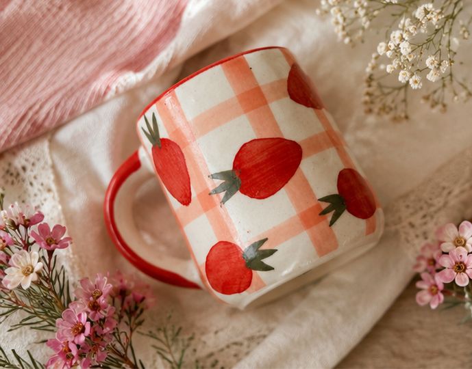 The Sweet Berry Gingham Mug by Jasper & Pine Co. – Handmade Ceramic Strawberry Coffee Cup