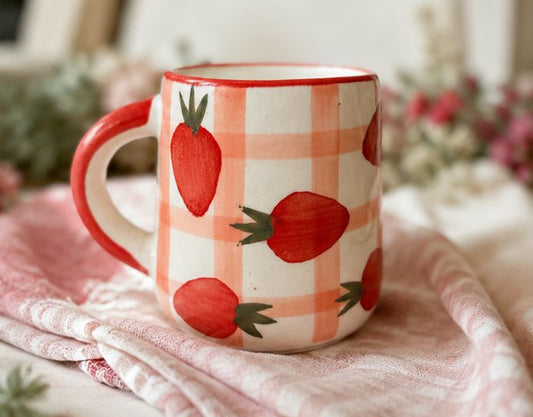 The Sweet Berry Gingham Mug by Jasper & Pine Co. – Handmade Ceramic Strawberry Coffee Cup