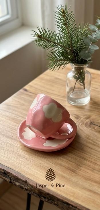 Pink Cloud Wavy Ceramic Cup & Saucer (Set of 2) by Jasper & Pine Co.