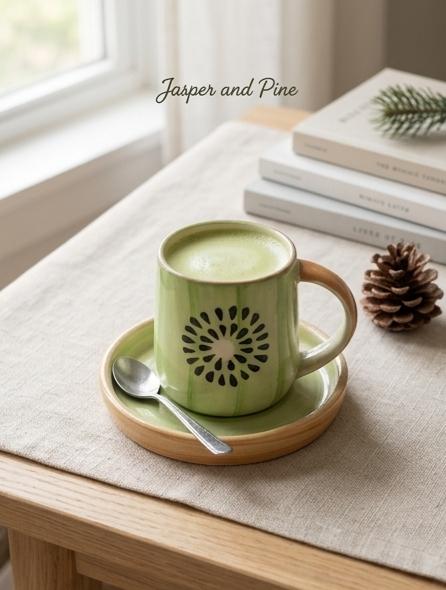 The Fresh Kiwi Ceramic Mug & Saucer (Set of 2) by Jasper & Pine Co.