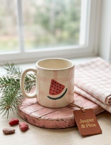 The Watermelon Gingham Ceramic Mug by Jasper & Pine Co