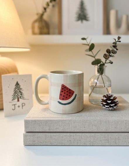 The Watermelon Gingham Ceramic Mug by Jasper & Pine Co