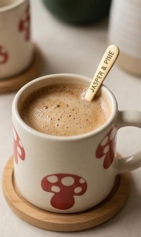 Mug of coffee with a wooden stirrer labeled 'Jasper & Fine' on a wooden coaster.