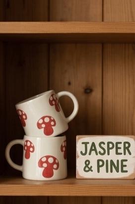 Two white mugs with red mushroom design and a sign reading 'Jasper & Pine' on a wooden shelf.
