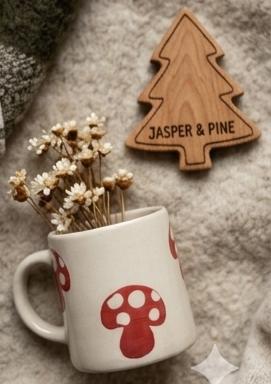 White mug with red mushroom design, filled with dried flowers, next to a wooden Christmas tree ornament on a textured surface.