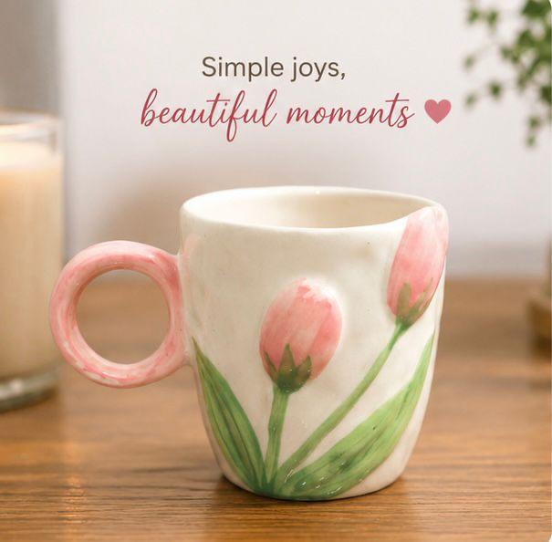 Jasper & Pine Pink Blush Bloom Mug | Handcrafted Tulip Ceramic Cup