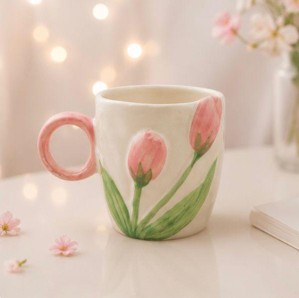 Jasper & Pine Pink Blush Bloom Mug | Handcrafted Tulip Ceramic Cup