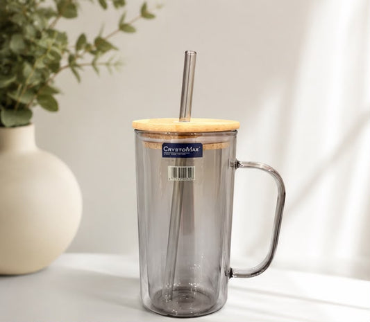 Smoky Grey Glass Tumbler Mug with Handle, Wooden Lid & Reusable Straw
