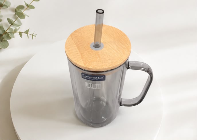 Smoky Grey Glass Tumbler Mug with Handle, Wooden Lid & Reusable Straw