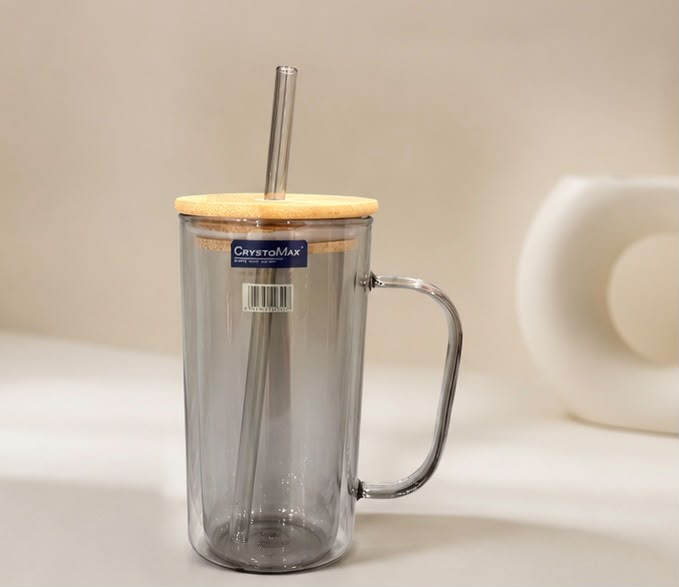 Smoky Grey Glass Tumbler Mug with Handle, Wooden Lid & Reusable Straw