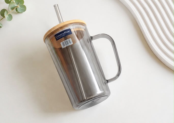 Smoky Grey Glass Tumbler Mug with Handle, Wooden Lid & Reusable Straw