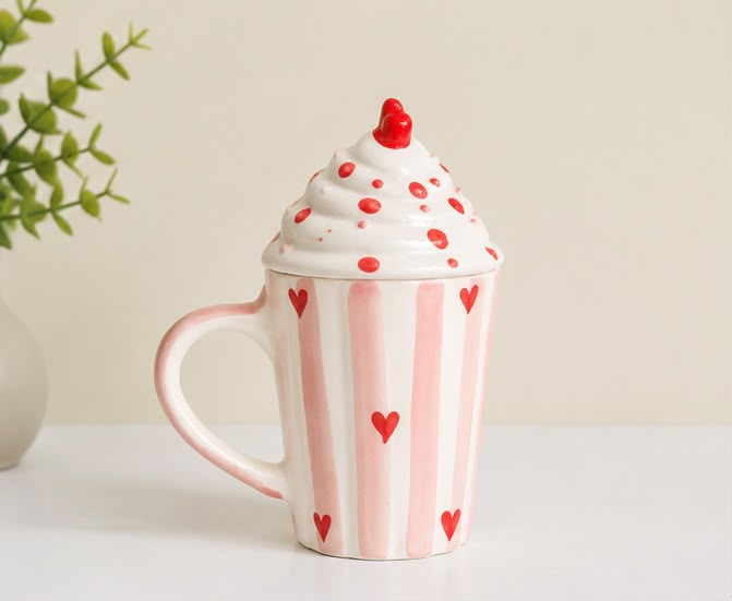 Jasper & Pine Sweetheart Whipped Cream Ceramic Mug with Lid | Pink Heart Coffee Mug
