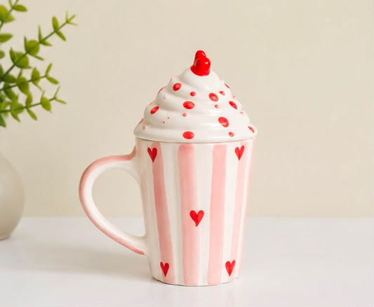 Jasper & Pine Sweetheart Whipped Cream Ceramic Mug with Lid | Pink Heart Coffee Mug