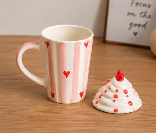 Jasper & Pine Sweetheart Whipped Cream Ceramic Mug with Lid | Pink Heart Coffee Mug