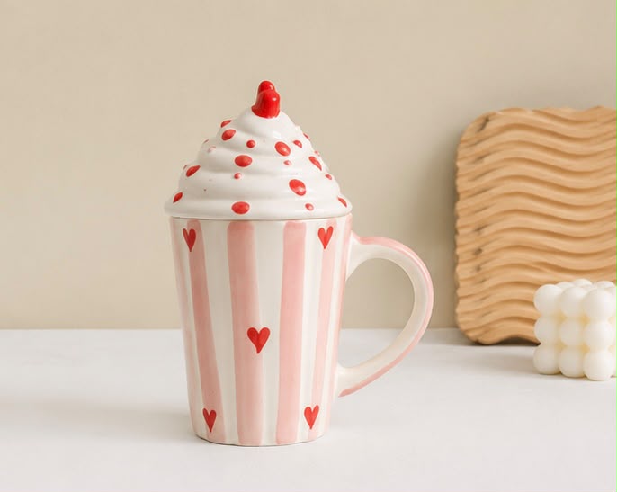 Jasper & Pine Sweetheart Whipped Cream Ceramic Mug with Lid | Pink Heart Coffee Mug