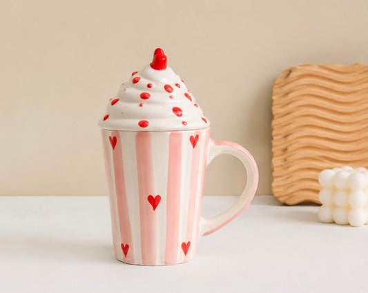 Jasper & Pine Sweetheart Whipped Cream Ceramic Mug with Lid | Pink Heart Coffee Mug