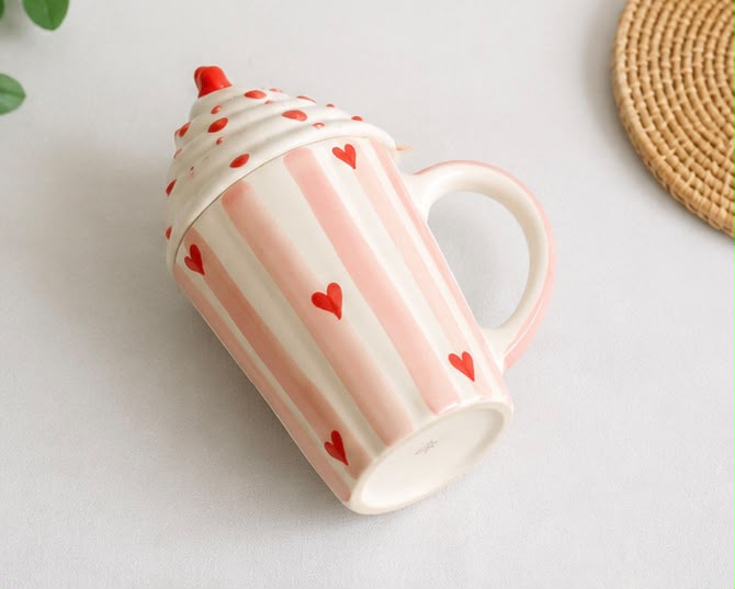 Jasper & Pine Sweetheart Whipped Cream Ceramic Mug with Lid | Pink Heart Coffee Mug
