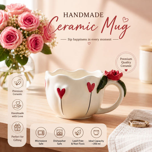 Handmade Ceramic Heart Mug with Rose Handle | Cute Coffee & Tea Cup | Microwave Safe