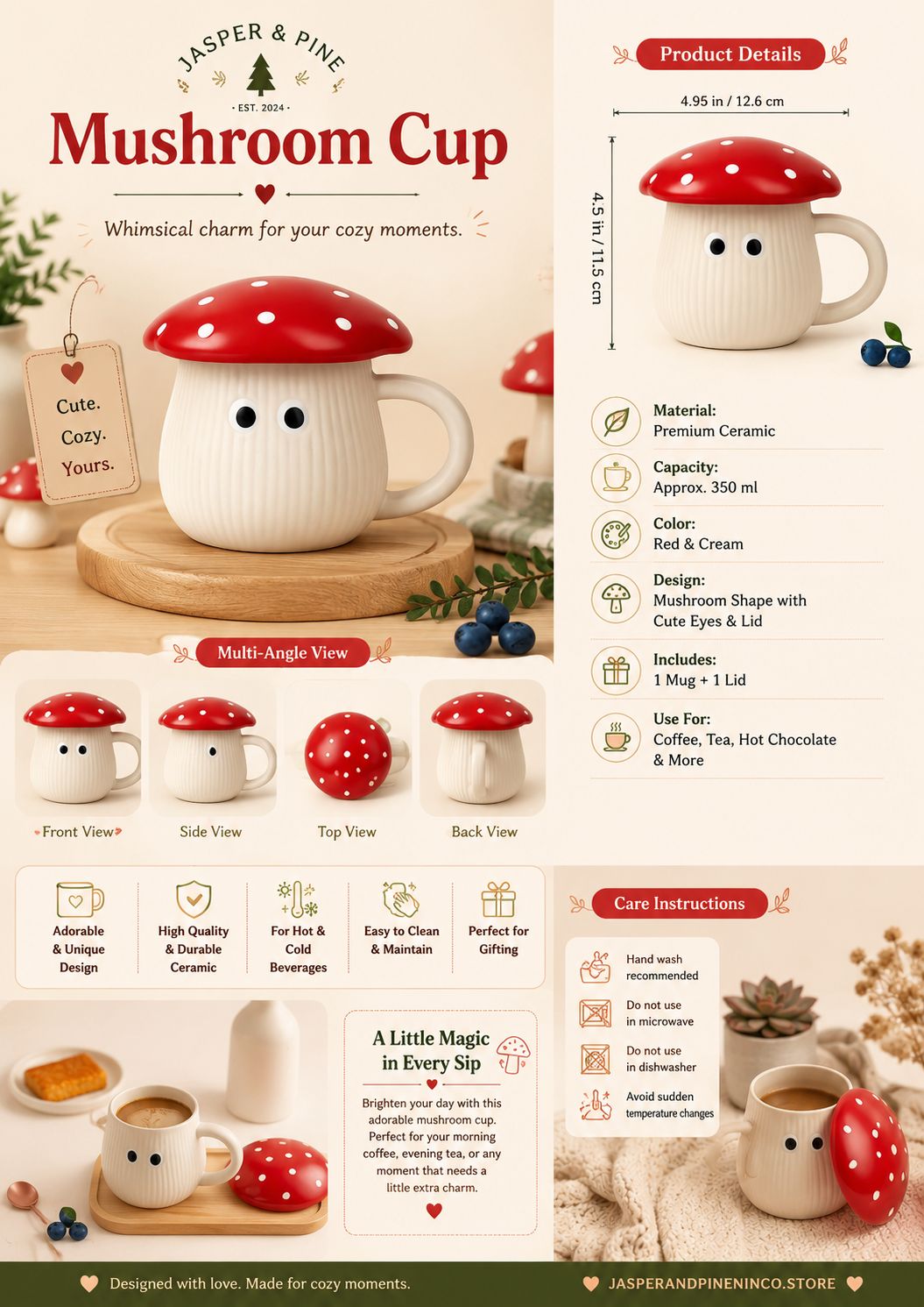 🍄 Cute Mushroom Ceramic Mug with Lid | Kawaii Coffee & Tea Cup