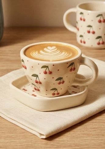 Hand-Painted Cherry Blossom Ceramic Mug & Saucer Set | Artisan Coffee Cup | Set of 2