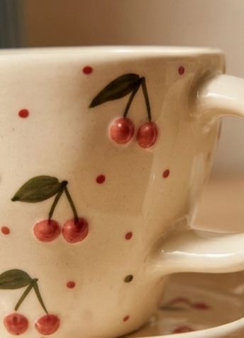 Hand-Painted Cherry Blossom Ceramic Mug & Saucer Set | Artisan Coffee Cup | Set of 2