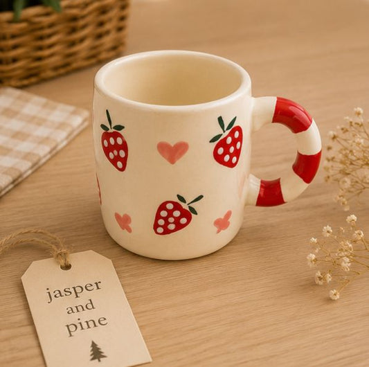 Strawberry & Heart Ceramic Mug and Saucer Set (Set of 2) by Jasper & Pine Co.