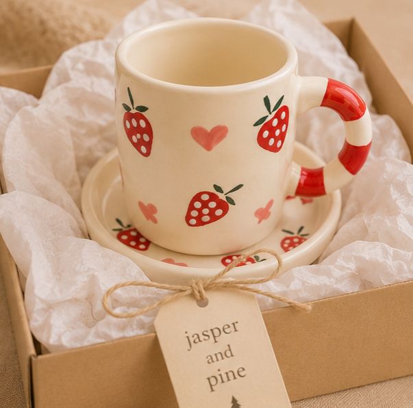 Strawberry & Heart Ceramic Mug and Saucer Set (Set of 2) by Jasper & Pine Co.