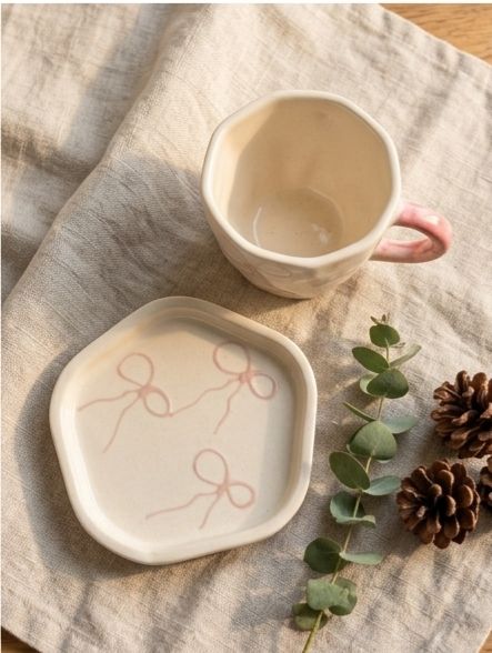 Wavy Edge Pink Bow Ceramic Cup & Saucer (Set of 2) by Jasper & Pine Co.