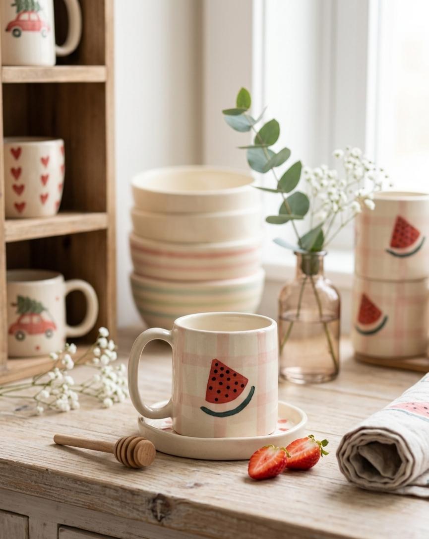 The Watermelon Gingham Ceramic Mug by Jasper & Pine Co